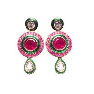 Kundan-Style Magenta & Green Enamel Statement Gold Tone Drop Earrings Gold-Tone